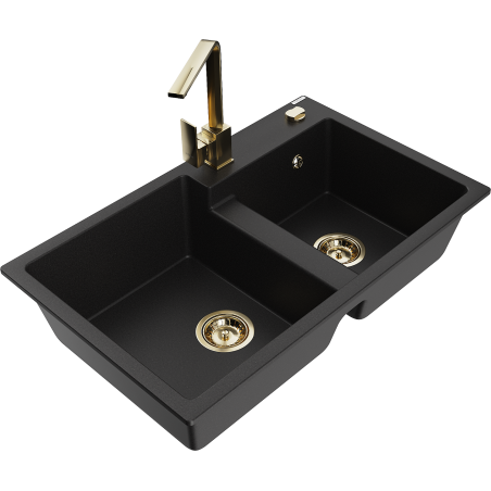 Mexen Tomas 2-bowl granite sink with Rita kitchen faucet, black - 6516-77-670300-50