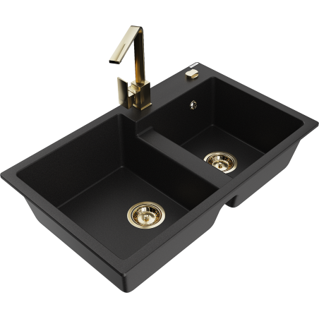 Mexen Tomas granite kitchen sink 2-bowl with Rita kitchen faucet, black - 6516-77-670300-50