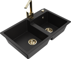 Mexen Tomas 2-bowl granite sink with Rita kitchen faucet, black - 6516-77-670300-50