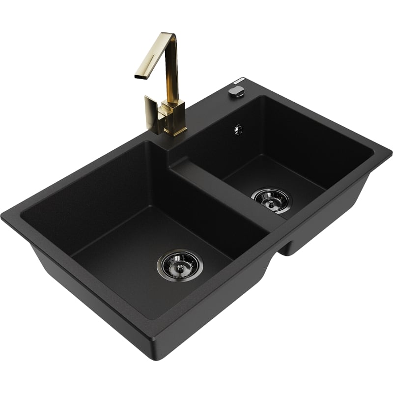 Mexen Tomas 2-Bowl Granite Sink with Rita Kitchen Faucet, Black - 6516-77-670300-50-B