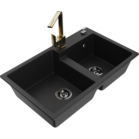 Mexen Tomas 2-Bowl Granite Sink with Rita Kitchen Faucet, Black - 6516-77-670300-50-B