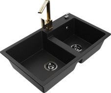 Mexen Tomas 2-bowl granite sink with Rita kitchen faucet, black - 6516-77-670300-50-B