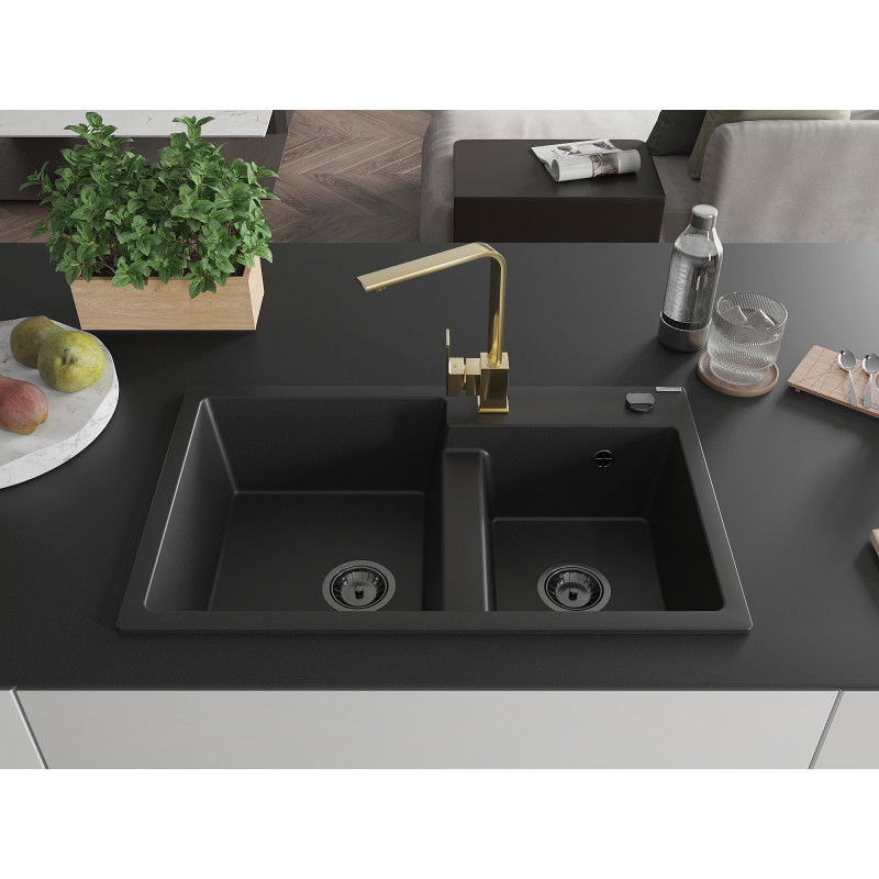 Mexen Tomas granite sink 2-bowl with Rita kitchen tap, black - 6516-77-670300-50-B