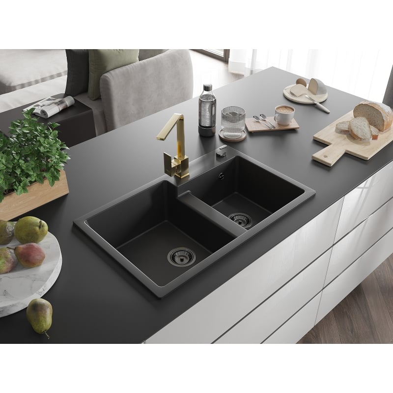 Mexen Tomas 2-Bowl Granite Sink with Rita Kitchen Faucet, Black - 6516-77-670300-50-B