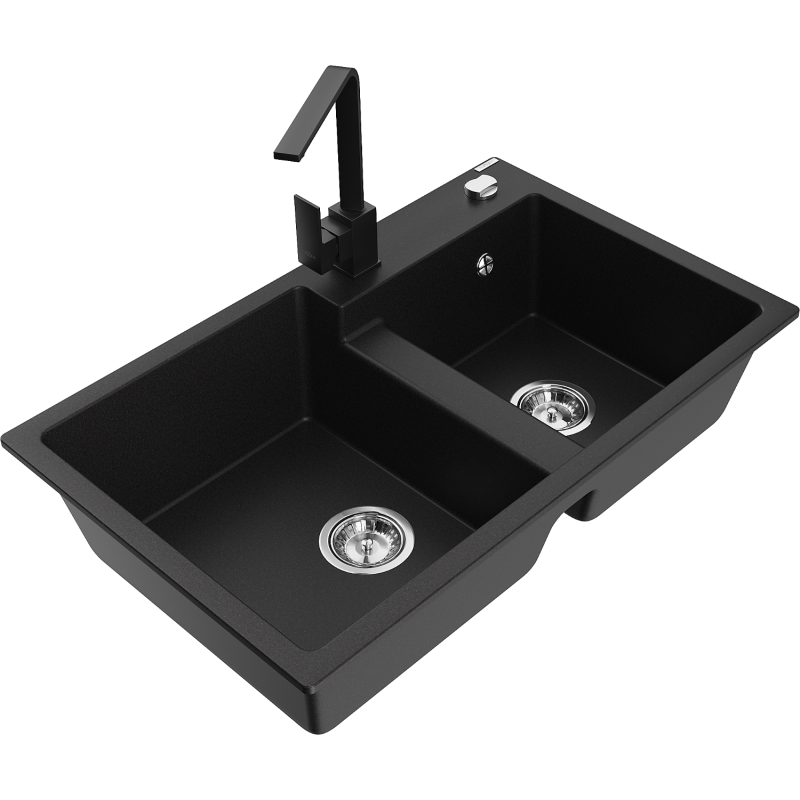 Mexen Tomas granite double-bowl sink with Rita kitchen tap, black - 6516-77-670300-70