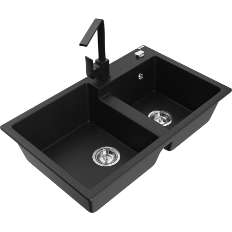 Mexen Tomas granite double-bowl sink with Rita kitchen tap, black - 6516-77-670300-70
