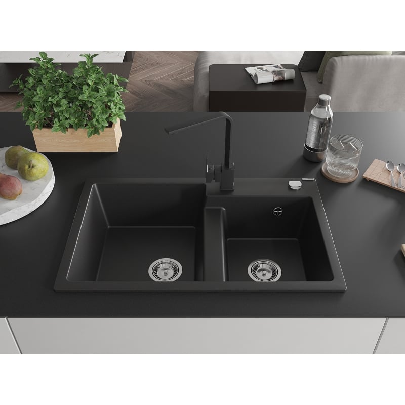 Mexen Tomas 2-bowl granite sink with kitchen faucet Rita, black - 6516-77-670300-70