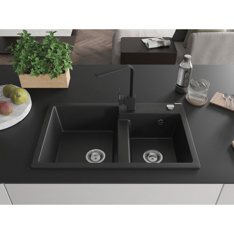 Mexen Tomas granite double-bowl sink with Rita kitchen tap, black - 6516-77-670300-70
