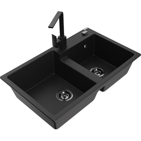 Mexen Tomas granite sink 2-chamber with Rita kitchen faucet, black - 6516-77-670300-70-B