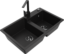 Mexen Tomas granite sink 2-chamber with Rita kitchen faucet, black - 6516-77-670300-70-B