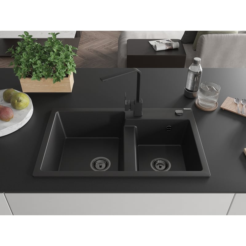 Mexen Tomas granite double-bowl sink with Rita kitchen faucet, black - 6516-77-670300-70-B