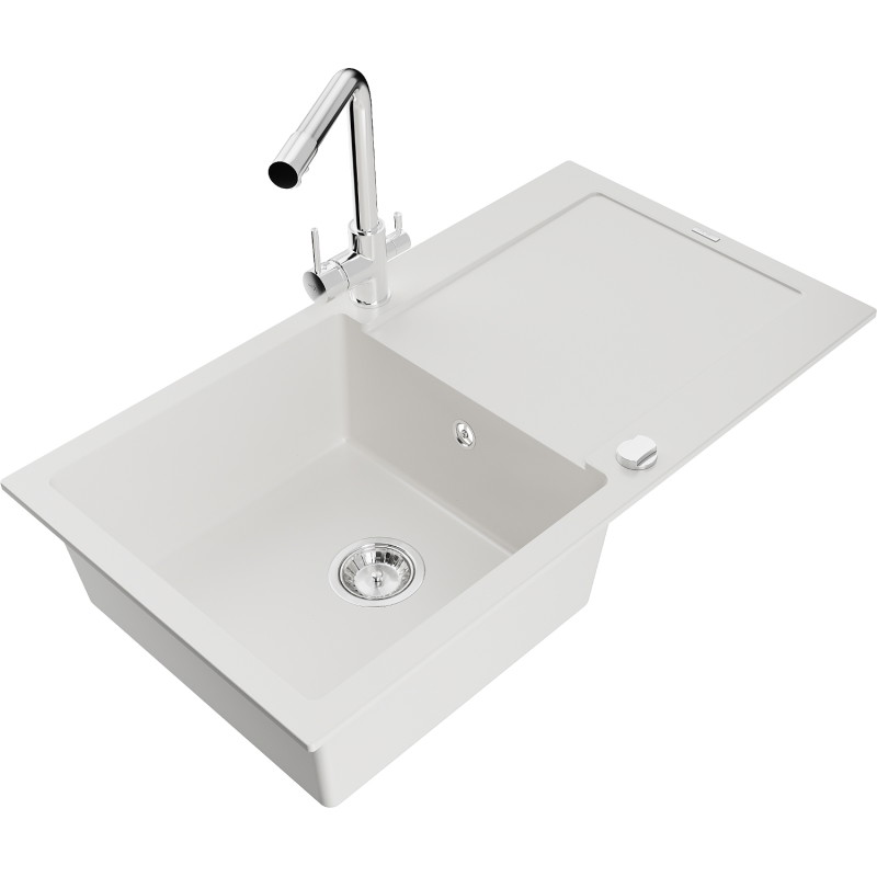 Mexen Leo 1-bowl granite sink with drainer and Duero kitchen faucet, white - 6501-20-671600-00