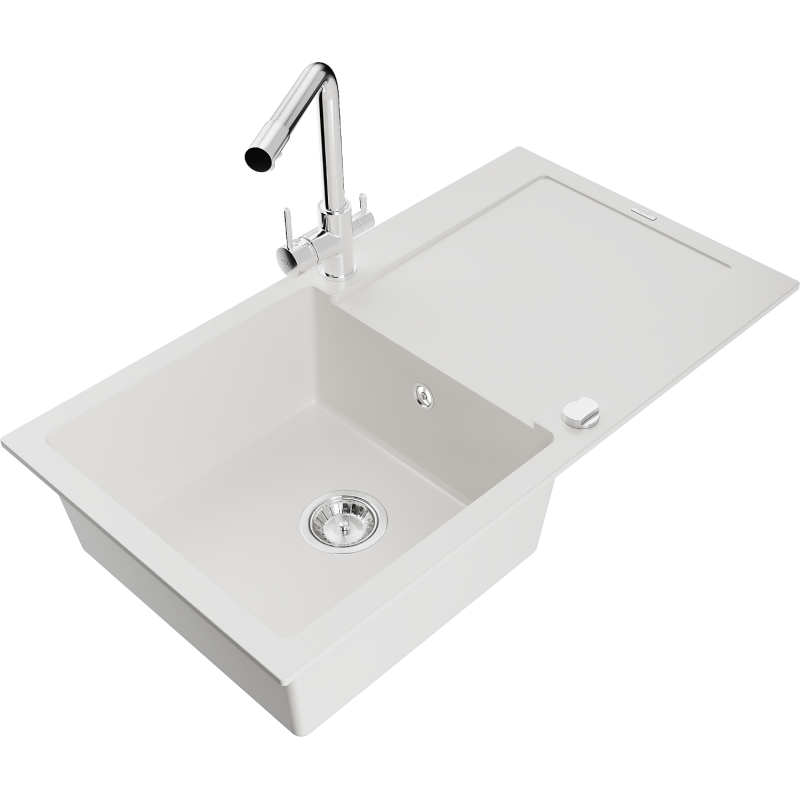 Mexen Leo Granite Kitchen Sink 1-Bowl with Drainer and Duero Faucet, White - 6501-20-671600-00