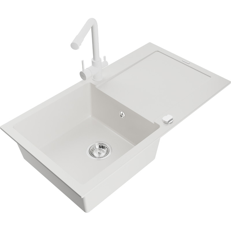 Mexen Leo granite kitchen sink 1-bowl with drainer and kitchen faucet Duero, white - 6501-20-671600-20