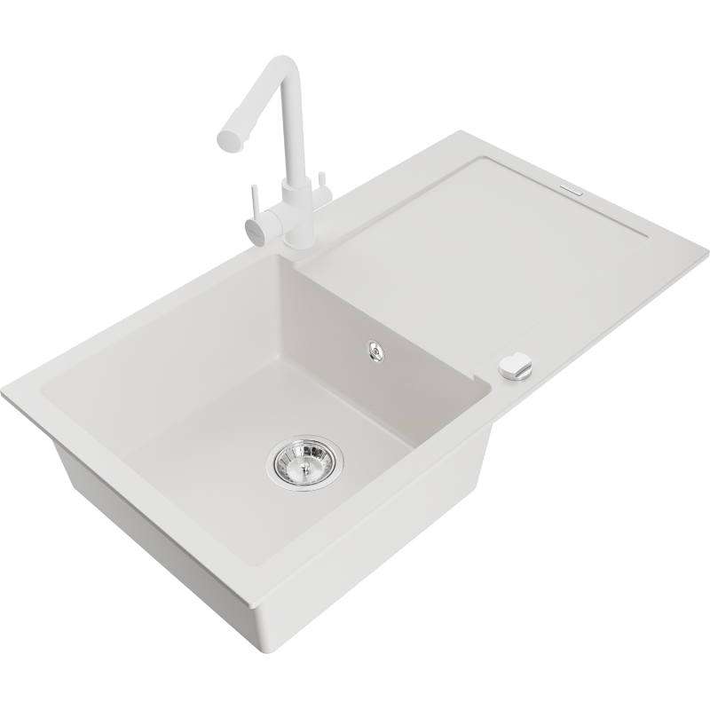 Mexen Leo single-bowl granite sink with drainer and kitchen faucet Duero, white - 6501-20-671600-20