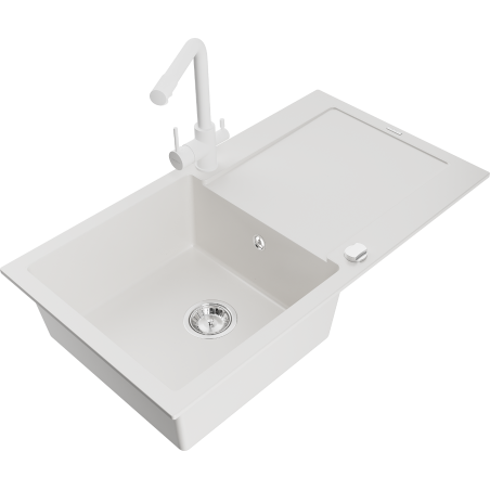 Mexen Leo single-bowl granite sink with drainer and kitchen faucet Duero, white - 6501-20-671600-20