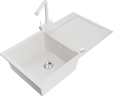 Mexen Leo granite sink 1-bowl with drainer and Duero kitchen tap, white - 6501-20-671600-20
