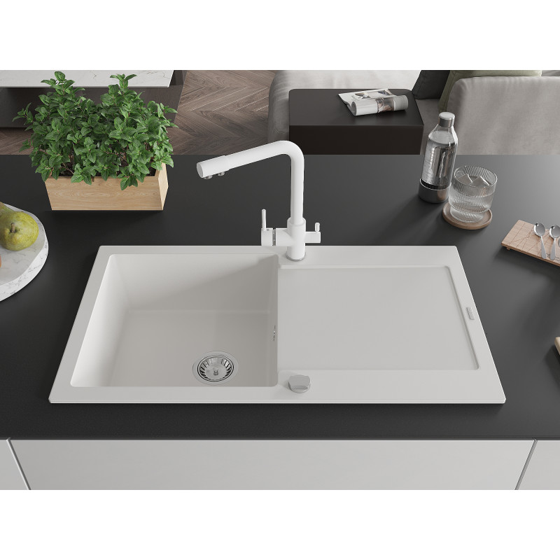 Mexen Leo single-bowl granite sink with drainer and kitchen faucet Duero, white - 6501-20-671600-20
