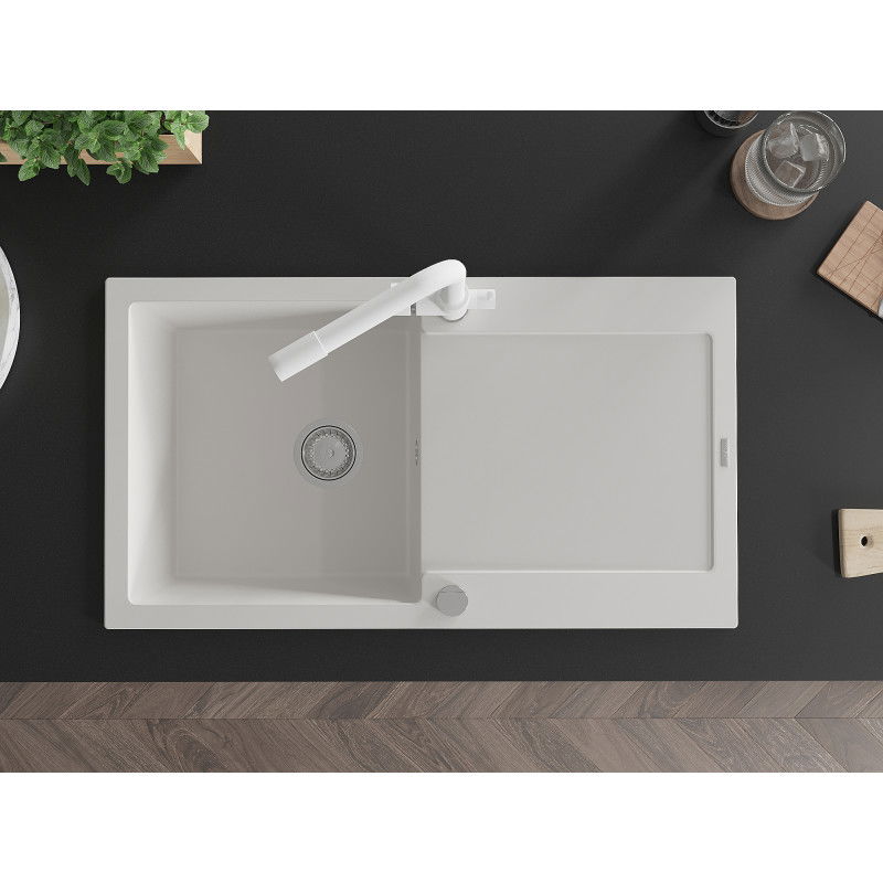 Mexen Leo granite sink 1-bowl with drainer and Duero kitchen tap, white - 6501-20-671600-20