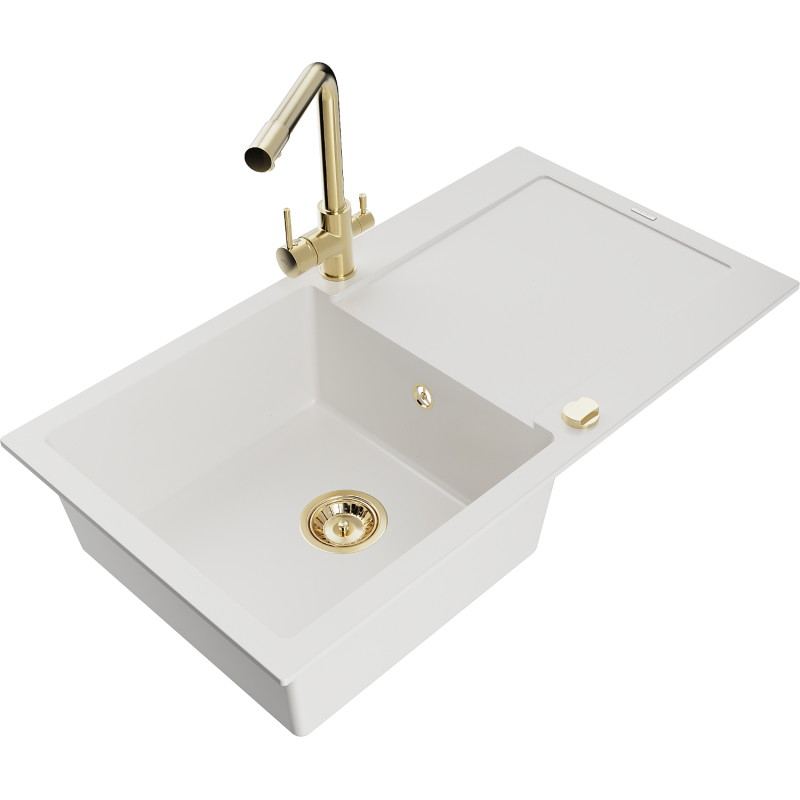 Mexen Leo 1-Bowl Granite Kitchen Sink with Drainer and Duero Faucet, White - 6501-20-671600-50