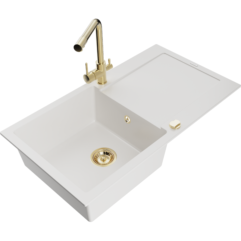 Mexen Leo 1-compartment granite sink with a drip tray and kitchen mixer tap Duero, White - 6501-20-671600-50