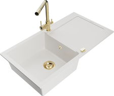 Mexen Leo 1-compartment granite sink with a drip tray and kitchen mixer tap Duero, White - 6501-20-671600-50