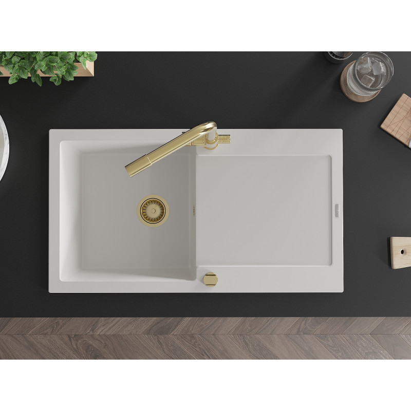 Mexen Leo granite kitchen sink 1-bowl with drainer and kitchen faucet Duero, white - 6501-20-671600-50