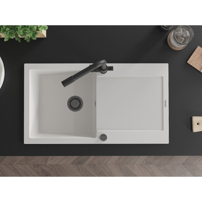 Mexen Leo granite kitchen sink 1-bowl with drainer and Duero kitchen faucet, white - 6501-20-671600-70