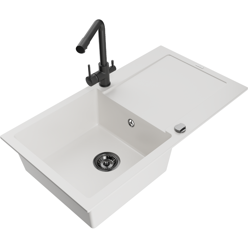 Mexen Leo 1-compartment granite sink with a drip tray and kitchen mixer tap Duero, White - 6501-20-671600-70