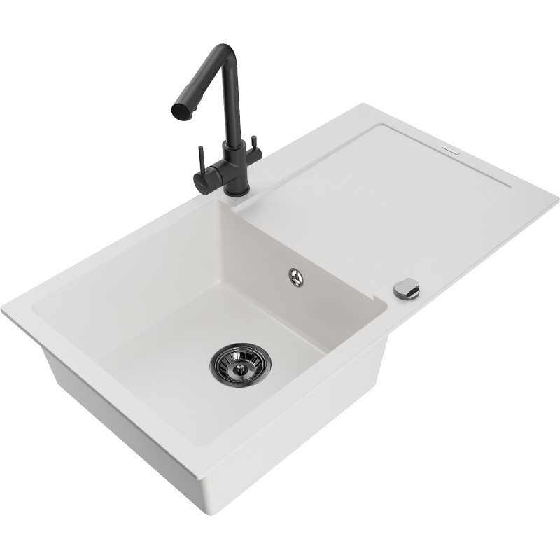 Mexen Leo granite kitchen sink 1-bowl with drainer and kitchen faucet Duero, white - 6501-20-671600-70