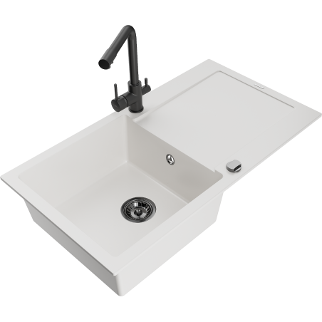 Mexen Leo granite kitchen sink 1-bowl with drainer and Duero kitchen faucet, white - 6501-20-671600-70