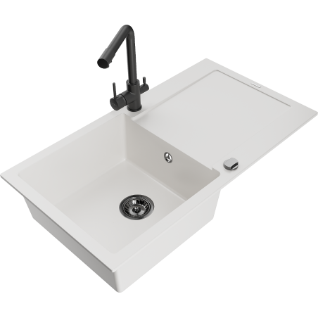 Mexen Leo granite kitchen sink 1-bowl with drainer and kitchen faucet Duero, white - 6501-20-671600-70