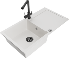 Mexen Leo 1-compartment granite sink with a drip tray and kitchen mixer tap Duero, White - 6501-20-671600-70