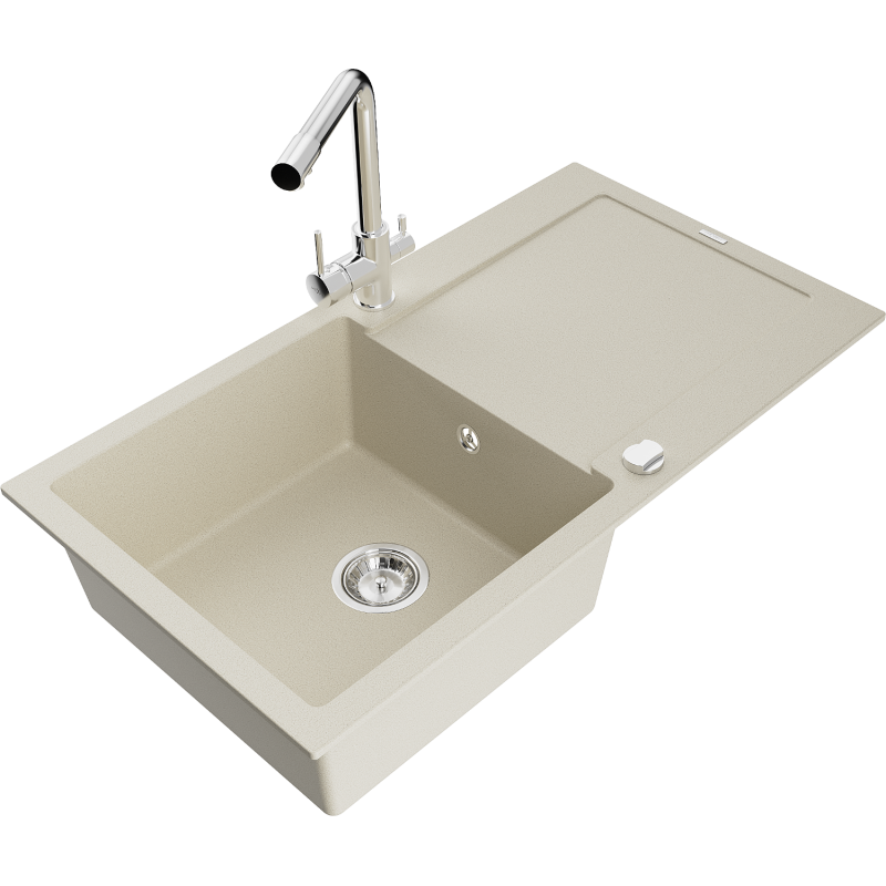 Mexen Leo granite kitchen sink 1-bowl with drainer and Duero kitchen tap, beige - 6501-69-671600-00
