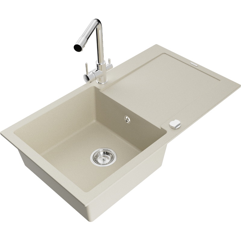 Mexen Leo single-bowl granite sink with drainer and Duero kitchen faucet, beige - 6501-69-671600-00