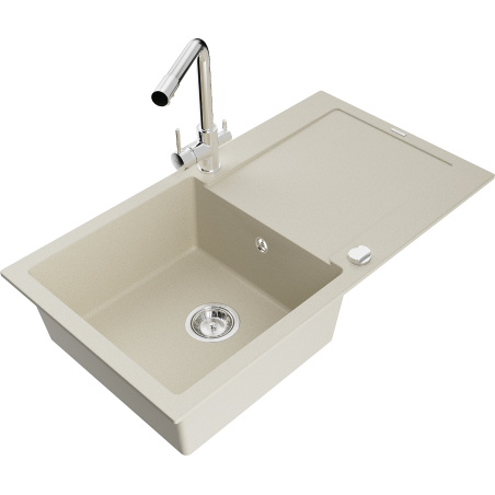Mexen Leo granite kitchen sink 1-bowl with drainer and Duero kitchen tap, beige - 6501-69-671600-00