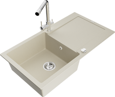 Mexen Leo granite kitchen sink 1-bowl with drainer and Duero kitchen tap, beige - 6501-69-671600-00