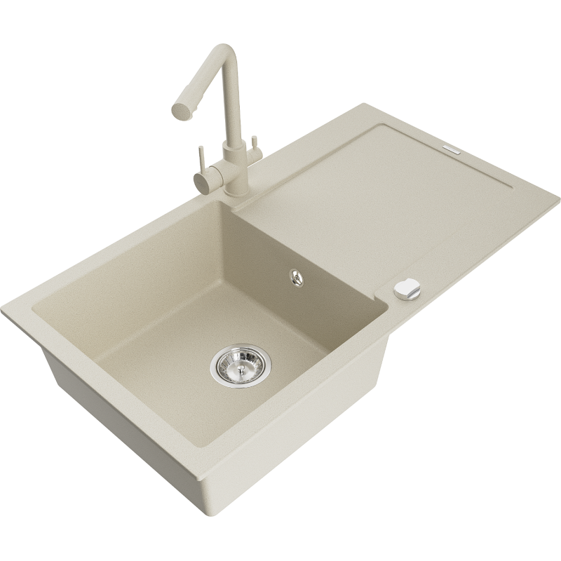 Mexen Leo 1-bowl granite sink with drainer and Duero kitchen tap, beige- 6501-69-671600-69