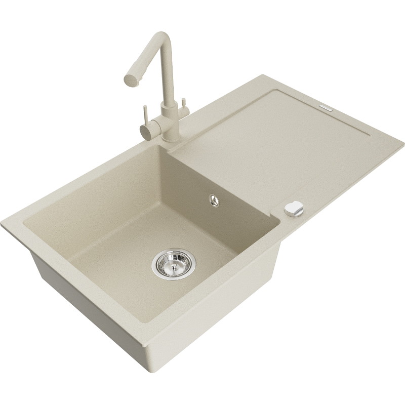 Mexen Leo 1-bowl granite sink with drainer and kitchen faucet Duero, beige - 6501-69-671600-69