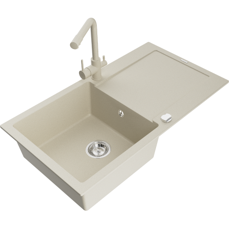 Mexen Leo 1-bowl granite sink with drainer and Duero kitchen tap, beige- 6501-69-671600-69