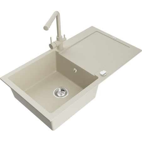 Mexen Leo granite sink 1-bowl with drainer and kitchen faucet Duero, beige - 6501-69-671600-69