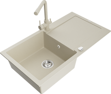 Mexen Leo 1-bowl granite sink with drainer and kitchen faucet Duero, beige - 6501-69-671600-69