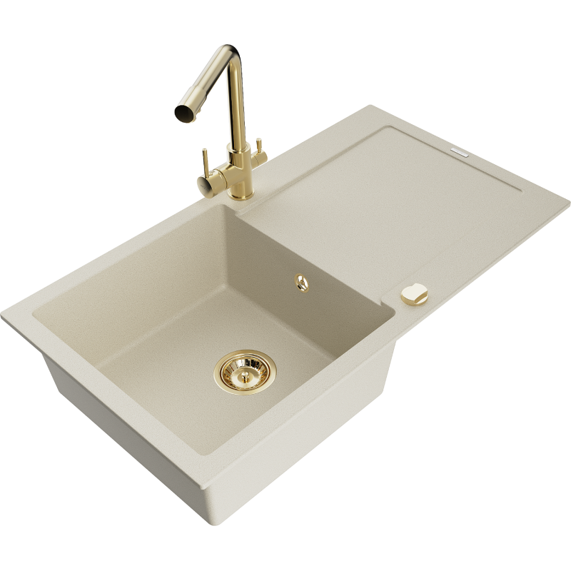Mexen Leo 1-Bowl Granite Sink with Drainer and Duero Kitchen Tap, Beige- 6501-69-671600-50