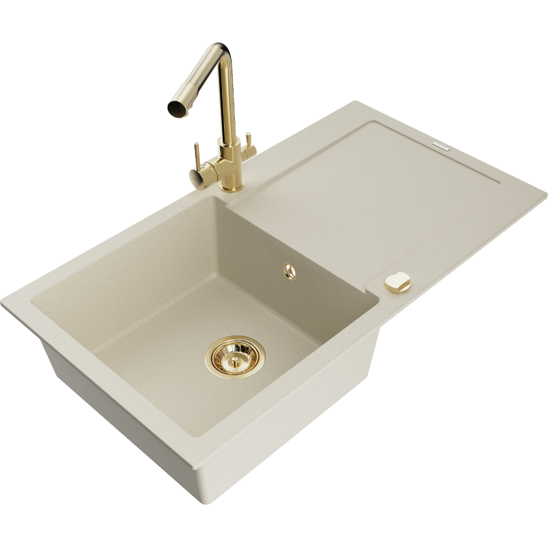 Mexen Leo 1-compartment granite sink with a drip tray and kitchen mixer tap Duero, Beige- 6501-69-671600-50