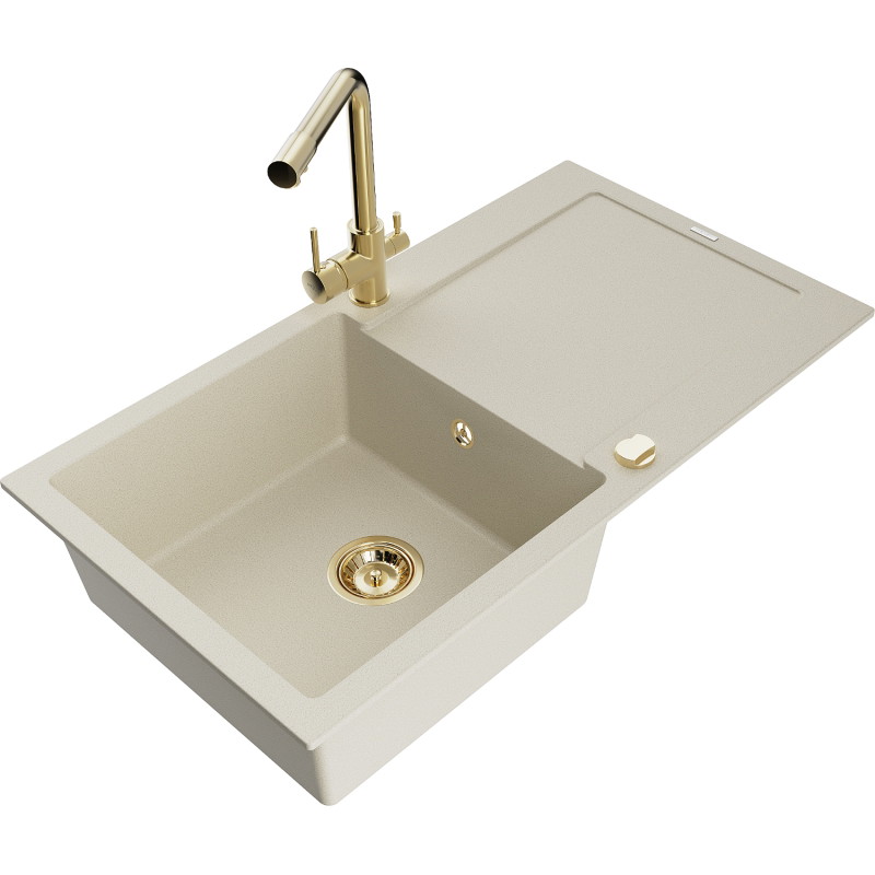 Mexen Leo granite kitchen sink 1-bowl with drainer and Duero kitchen faucet, beige - 6501-69-671600-50