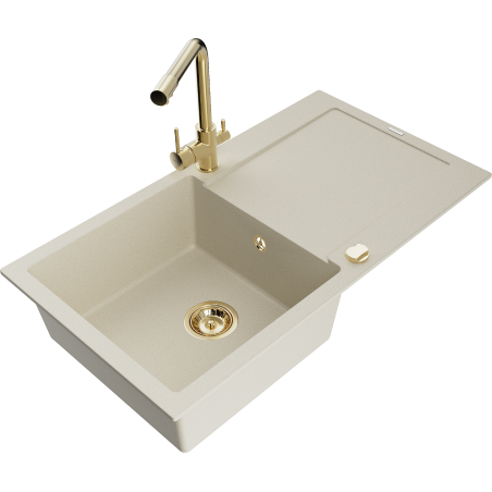Mexen Leo 1-Bowl Granite Sink with Drainer and Duero Kitchen Tap, Beige- 6501-69-671600-50