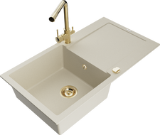 Mexen Leo granite kitchen sink 1-bowl with drainer and Duero kitchen faucet, beige - 6501-69-671600-50