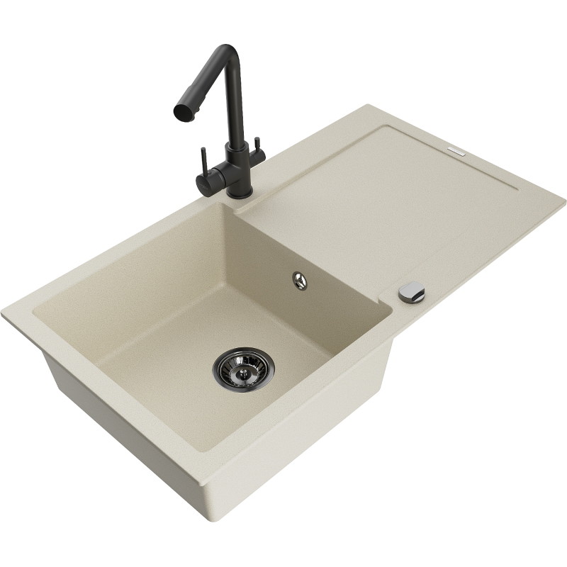 Mexen Leo granite kitchen sink with 1-bowl and drainer and Duero kitchen faucet, beige - 6501-69-671600-70