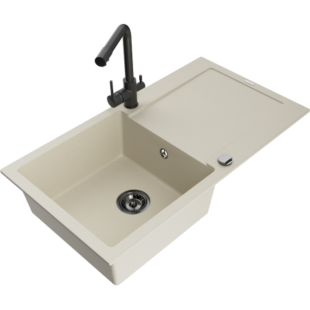Mexen Leo granite kitchen sink 1-bowl with drainer and kitchen faucet Duero, beige - 6501-69-671600-70