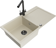 Mexen Leo granite sink 1-bowl with drainer and Duero kitchen tap, beige- 6501-69-671600-70